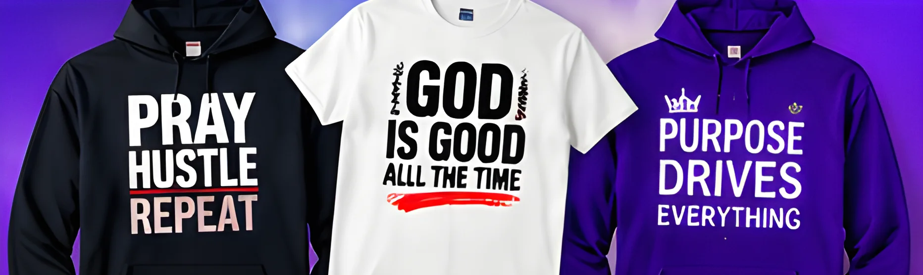 Hoodies and a t-shirt printed with "Pray Hustle Repeat", "God Is Good All the Time" and "Purpose Drives Everything"