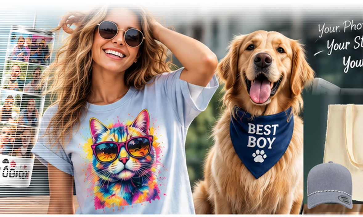 Your photo, your style, your story β a woman wearing a custom-printed cat T-shirt beside her golden retriever in a printed bandana, with a printed photo tumbler, a Dog Mom mug, a canvas tote, a cap and a personalised pet bowl.