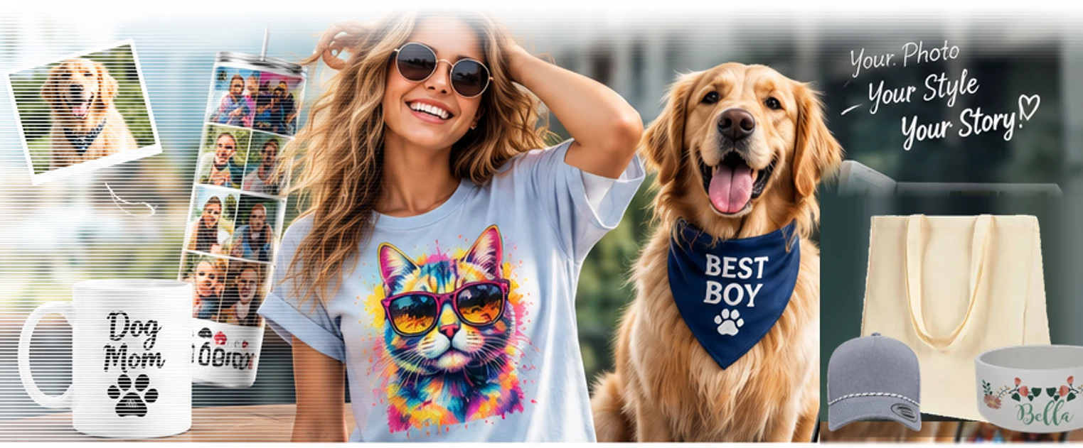 Your photo, your style, your story β a woman wearing a custom-printed cat T-shirt beside her golden retriever in a printed bandana, with a printed photo tumbler, a Dog Mom mug, a canvas tote, a cap and a personalised pet bowl.